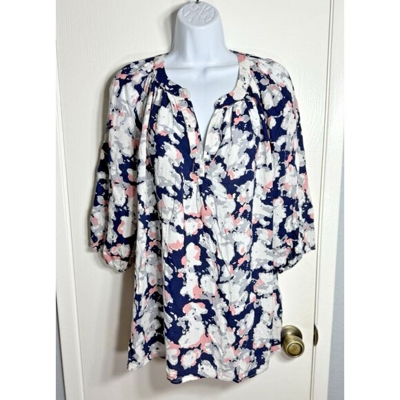 Saint Tropez West Blue Pink & Gray Abstract Print Popover Top Women's Size 1X - Picture 1 of 11